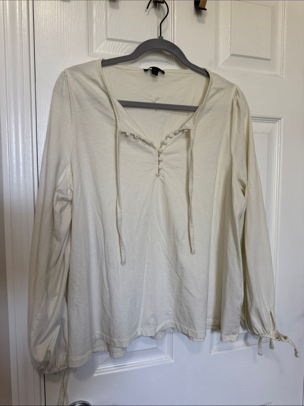 J. Crew Women’s knit peasant blouse cream Long Sleeve Top w/ties Sz XL